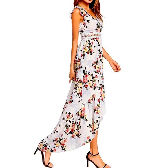 Ivory Floral Boho High Low Dress With Open Back - Picture 3 of 6